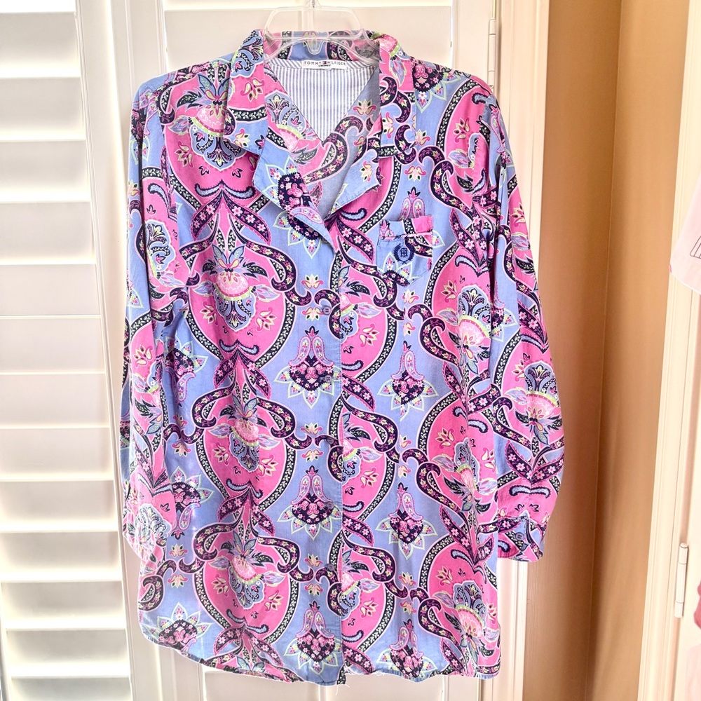 Tommy‎ Hilfiger Sleep Shirt M Pink Blue Paisley Floral Cotton Pajama Top
